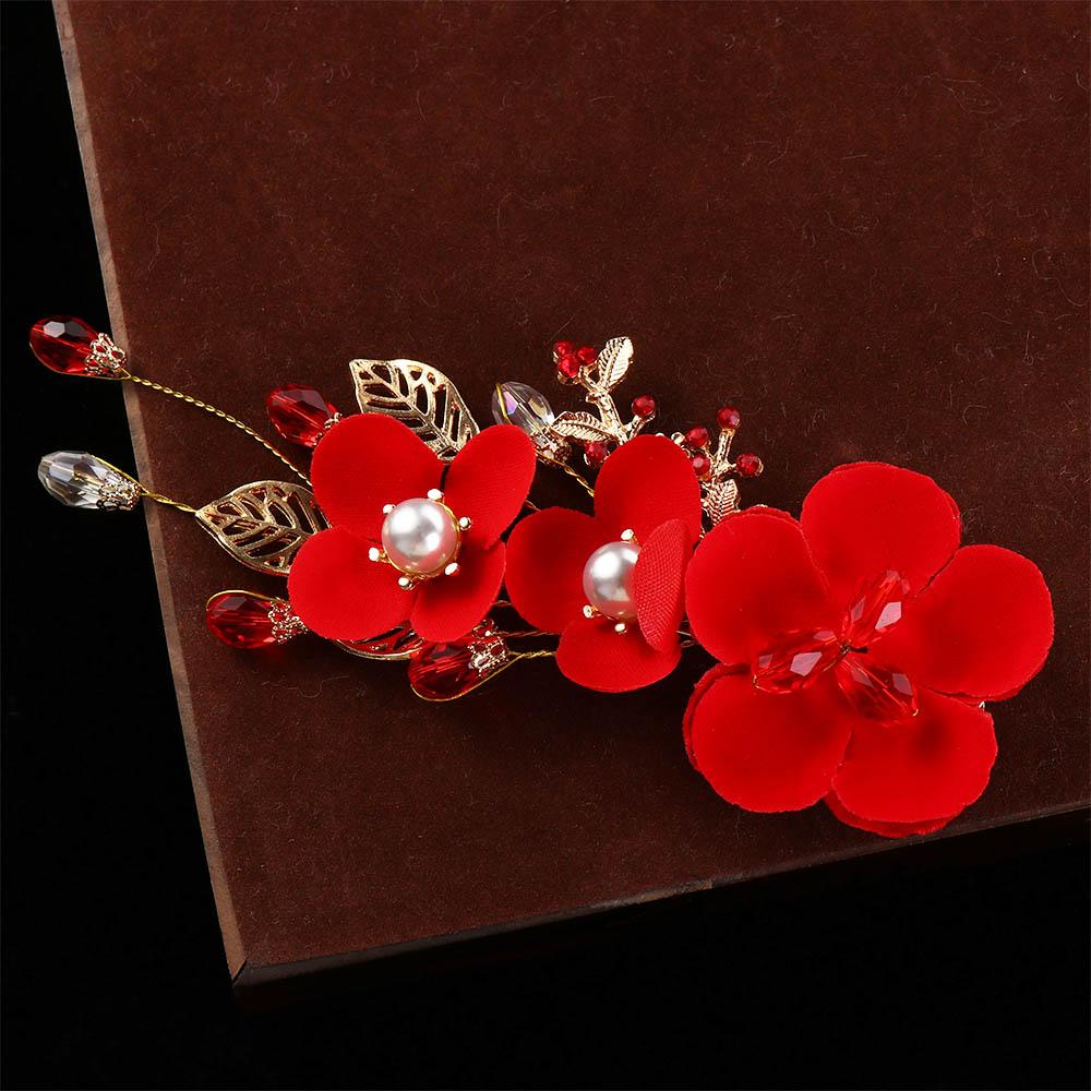 Red Flower Pearl Bride Duckbill Clips Festival Hairpins Chinese Hanfu Hair Clips Women Barrettes