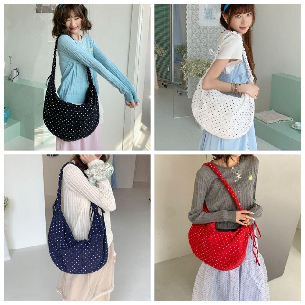 Adjustable Polka Dot Nylon Crossbody Bag Drawstring Lightweight Pleated Shoulder Bag Prined Large Capacity Canvas Dumpling Bag