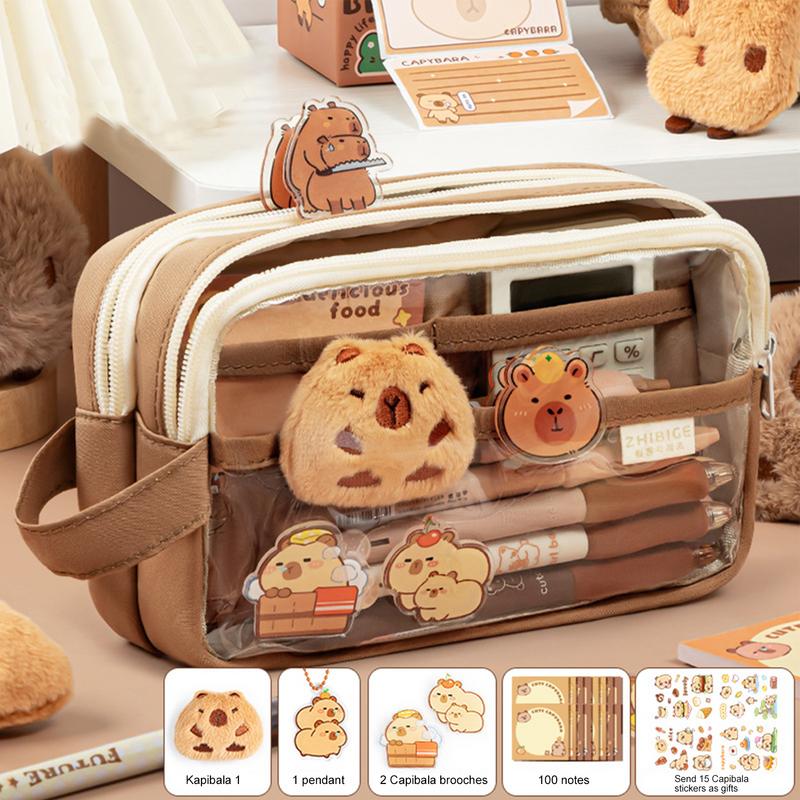 Милый пенал с капибарой Прозрачный эстетичный пенал с милыми значками капибары Плюшевые наклейки Блок для заметок Школьные принадлежности Подарки