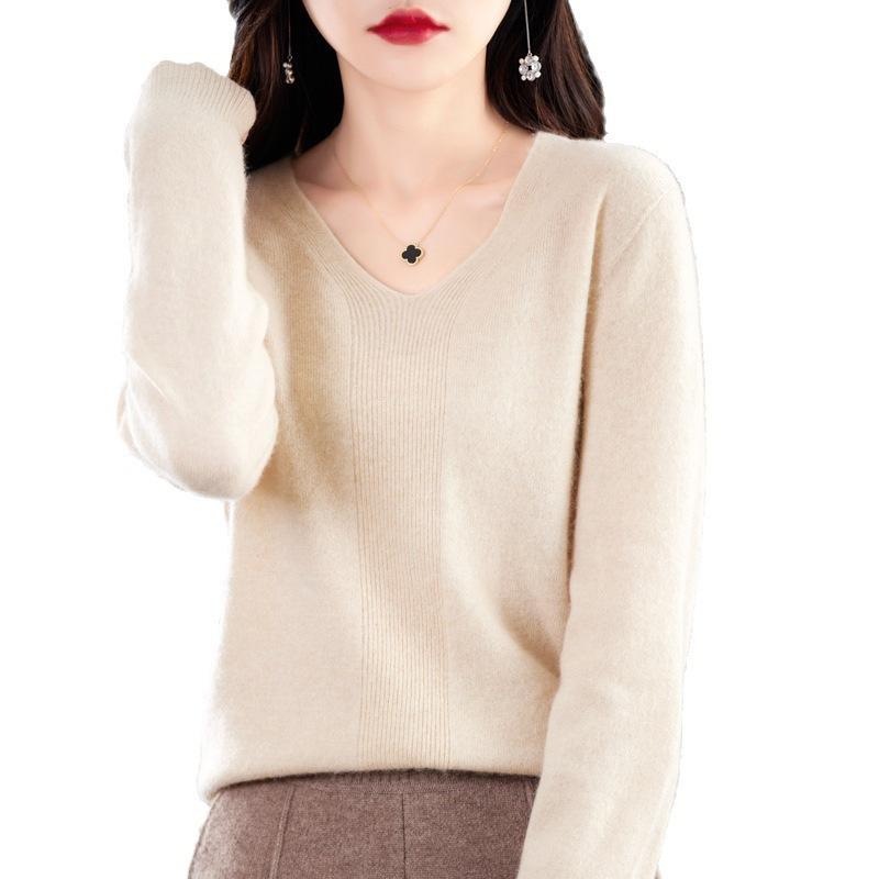 Весенне-осенний женский вязаный свитер с v-образным вырезом и длинными рукавами, однотонный пуловер, тонкий верх, нежная ветровая трикотажная нижняя рубашка