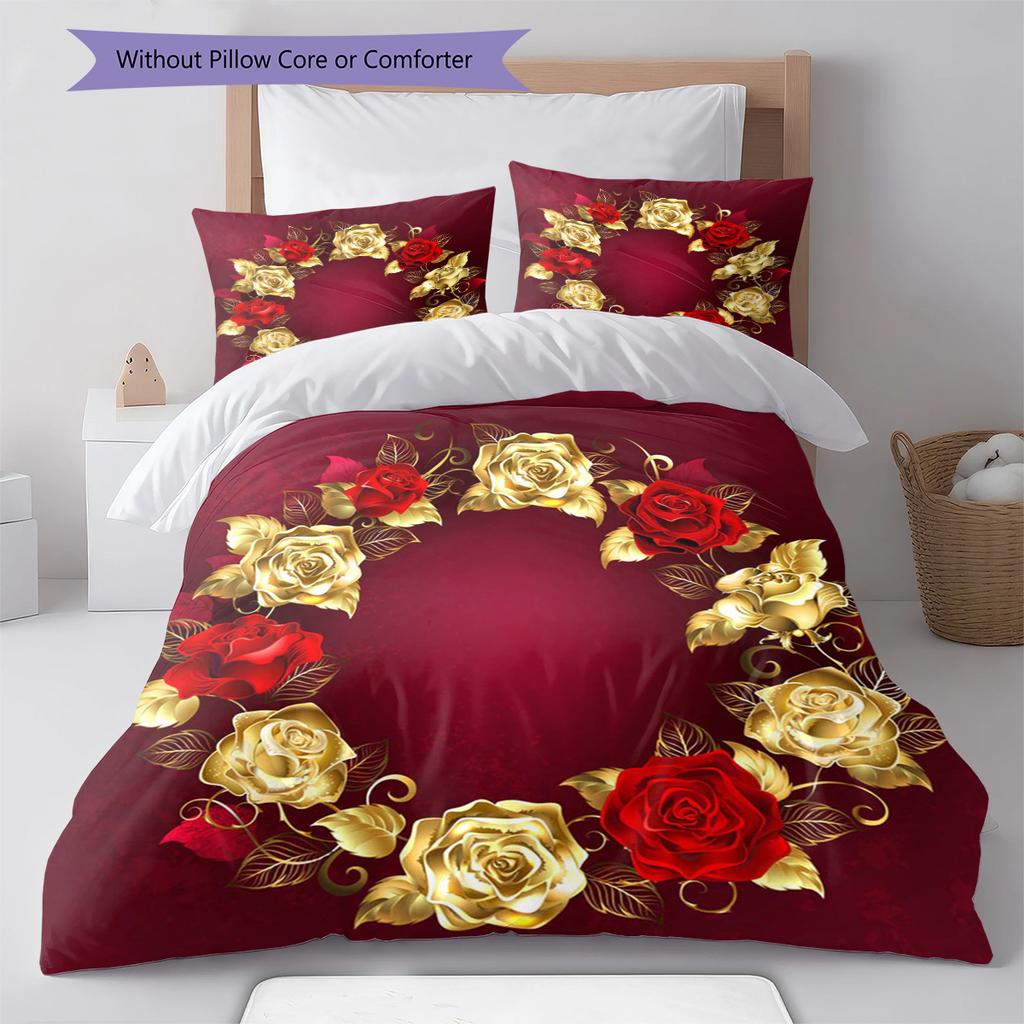 Golden Flower Pattern Bedding Quilt Set Quilt Cover Pillowcase Home Decoration Gift (1 * duvet cover + 2 * pillowcase, without core)