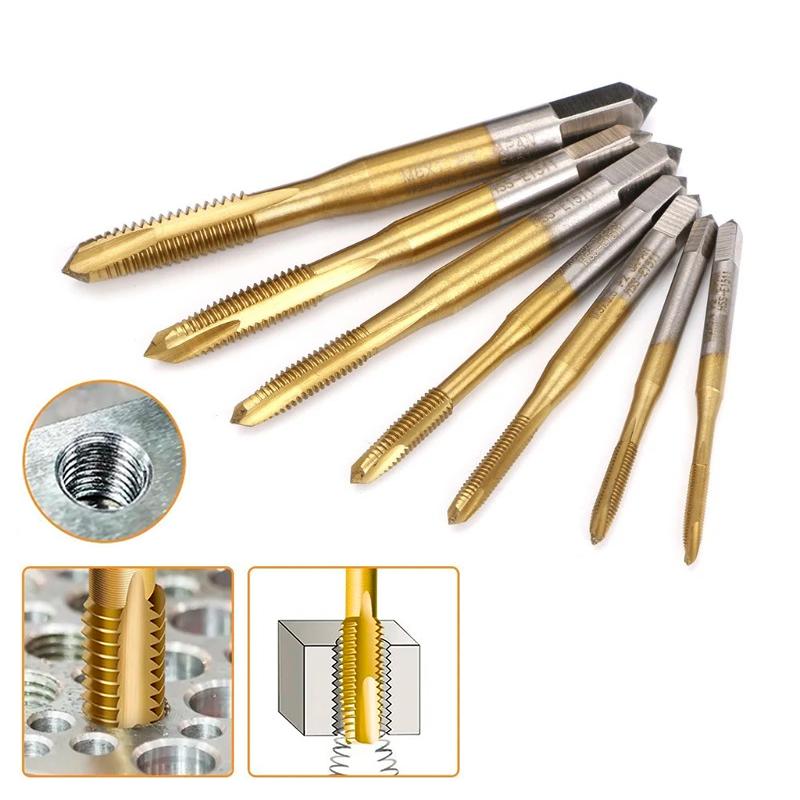 Machine Thread Tap Drill Bit HSS 6542 Titanium Metric Screw Machine Taps Straight Flute Hand Tool M2/M2.5/M3/M3.5/M4/M5/M6/M8