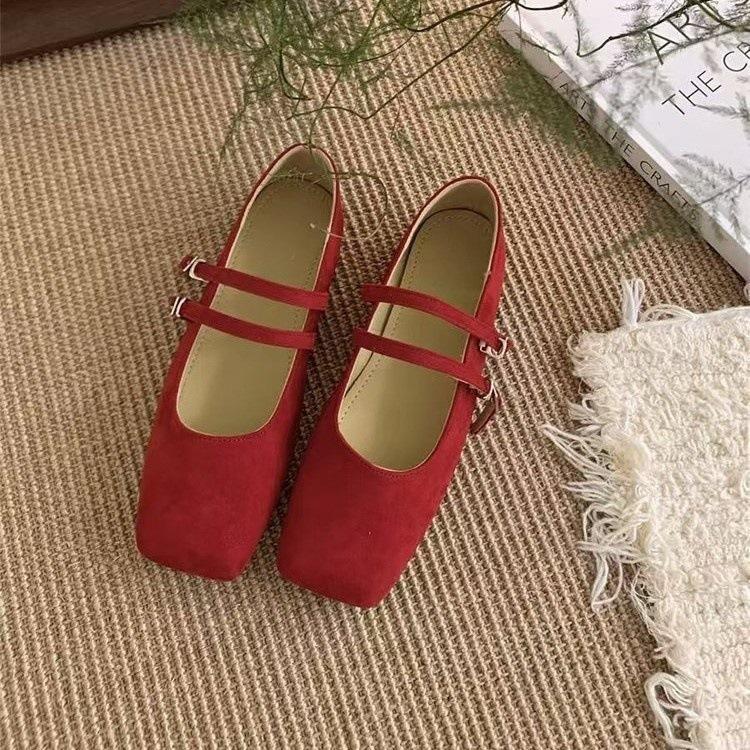 Туфли Мэри Джейн из замши с двойной пряжкой в стиле ретро, женские одинарные туфли 2025 года, квадратная носовая часть, плоская подошва, туфли для бабушек, корейская версия, женская обувь