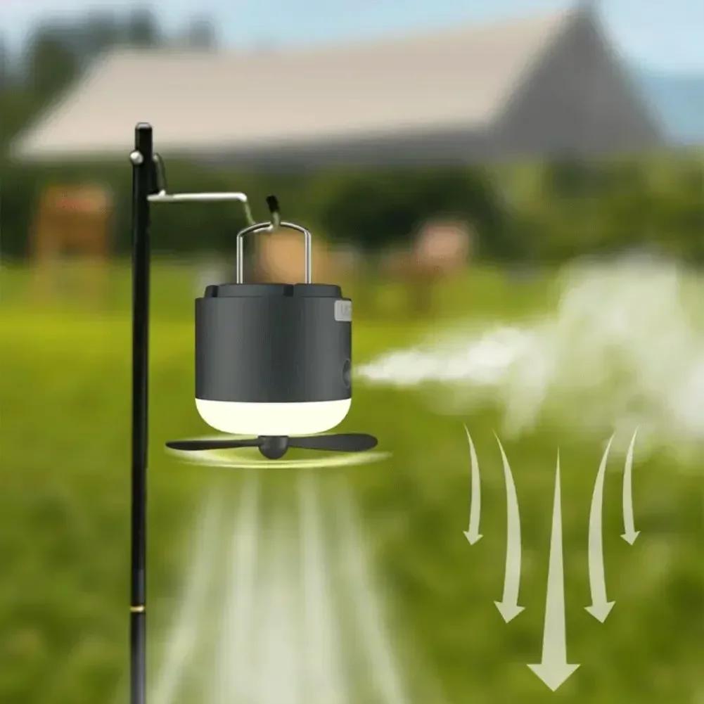 2-in-1 Camping Tent Light with Fan – 4 Lighting Modes, Spray Function, IPX7 Waterproof, Rechargeable LED Lantern