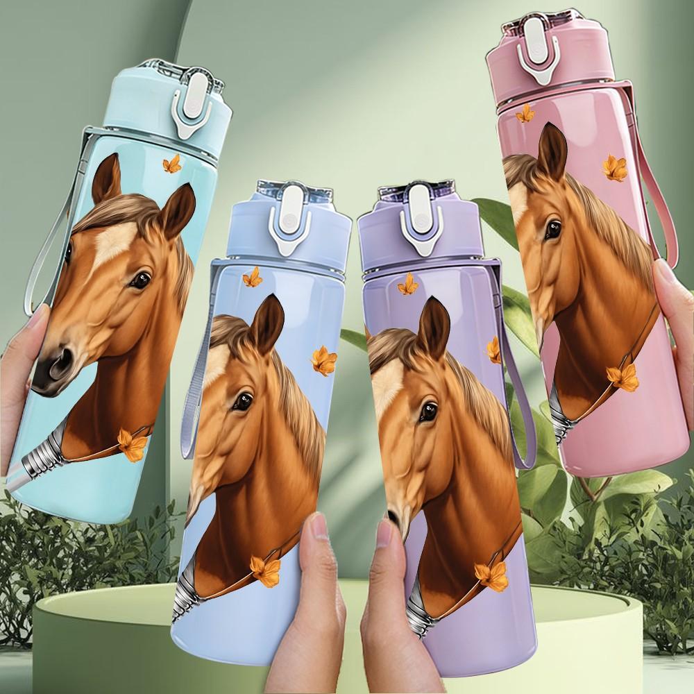 1PC Horse Head With Feather Decoration Print 750ml Color Plastic Sports Water Bottle Leakproof Flip Straw Lid Suitable for Sports Office Home Use