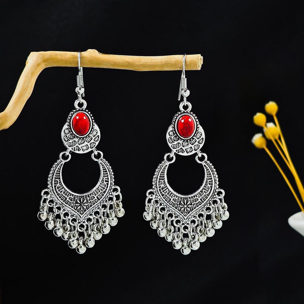 European and American Retro Hollow Turquoise Tassel Bohemian Earrings for Women