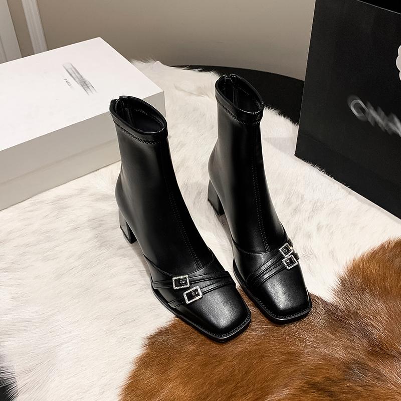 Fashion Thick Heel Ankle Boots Women Street Style Slim Square Toe Zipper Autumn Winter Rhinestone Ladies Shoes