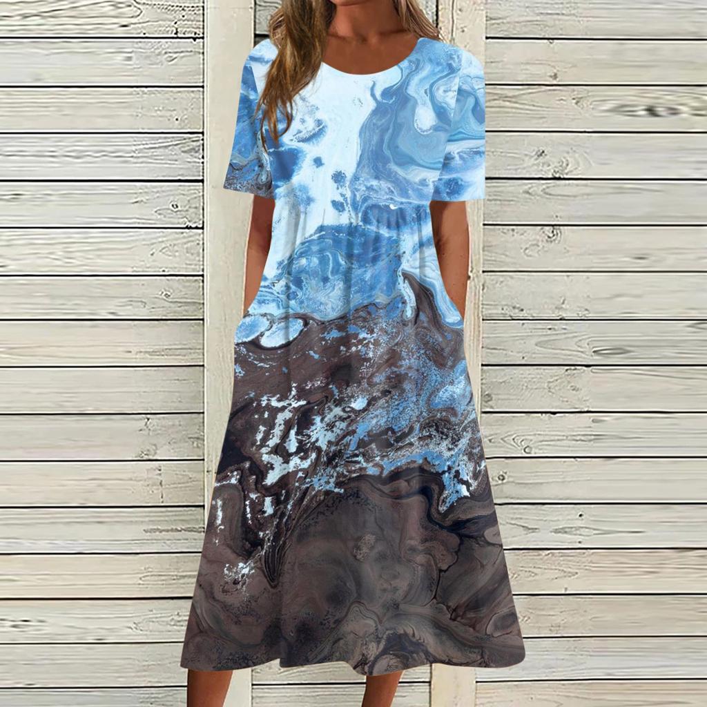 Жен. Повседневные платья Платья с принтами Летние платья С принтами Плиссированные платья-миди с круглым вырезом Классический Классический На открытом воздухе Повседневные С короткими рукавами Свободные платья