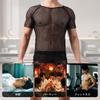 Amy Coulee Mesh Tank Short Solid Loungewear Men's See-Through Top, Sleeve, Sheer, Color, Quick-Drying, Fitness, (208-D-Black, XL)