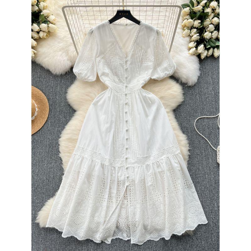 French Dress Female 2024 New Arrival Elegant V-neck Double-Breasted Silm Mid Length Long Length Age Reduction Puff Sleeves First Love Dress