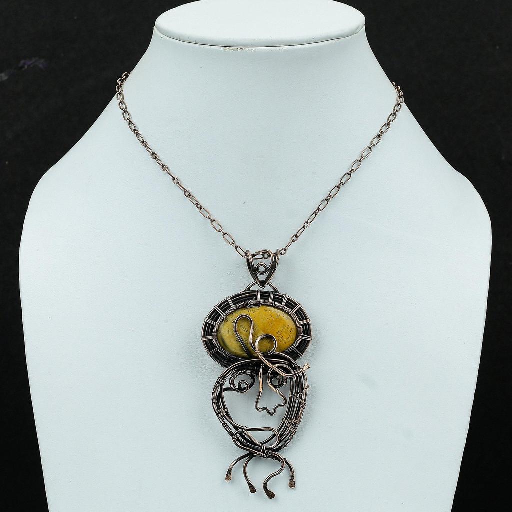 Подвеска из ископаемого коралла, обернутая медной проволокой, подвеска из настоящего драгоценного камня, потрясающая медная бижутерия, подвеска ручной работы из ископаемого коралла, ювелирные изделия для подарка