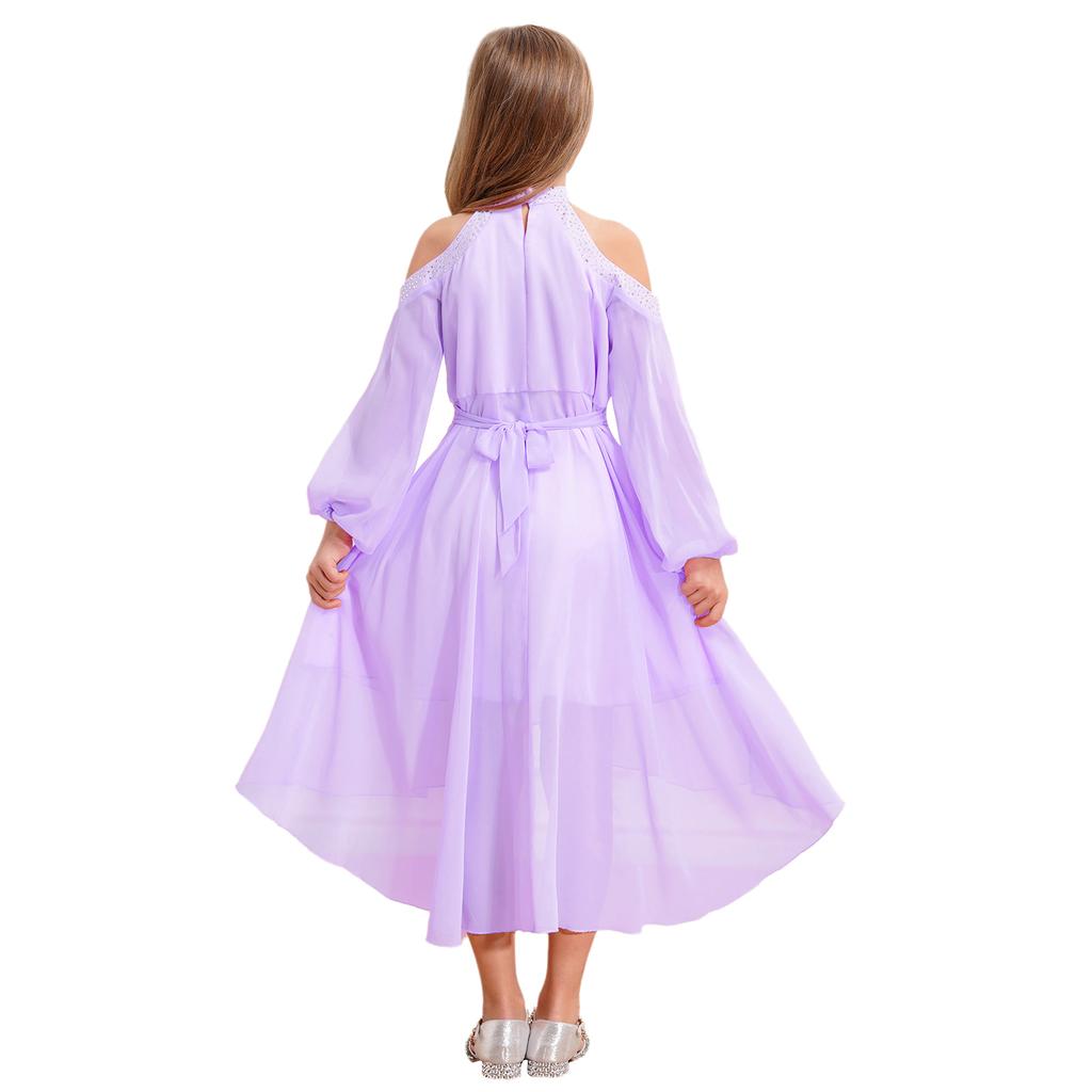 Girls Elegant Party Gown Halter Off Shoulder Long Sleeve High Waist Ruffled Irregular Hem Fake Diamond Design Dress