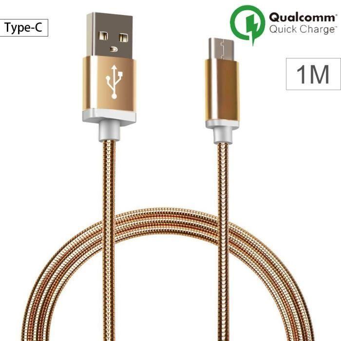 Câble USB Type C - Métal Doré - 1M - Compatible avec plusieurs smartphones - Connecteur USB Type C