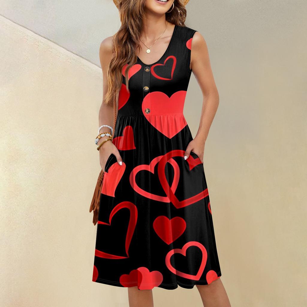 Women's Casual Fashion Sexy V-Neck Button Decoration Sleeveless Valentine's Day Tunic Dress