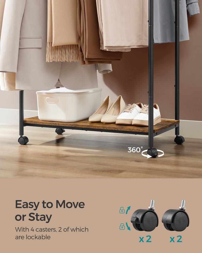 SONGMICS HOME Вешалка для одежды, Вешалка для одежды на колесиках, Портативная вешалка для одежды, с 1 перекладиной для подвешивания одежды, Крючки в форме спичек