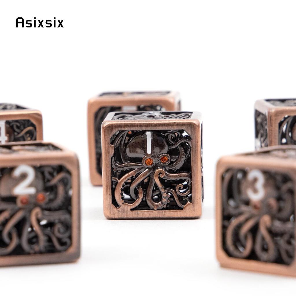 6 Pcs Coppery Squid Metal Dice Hollow Metal Polyhedral Dice Set Suitable for Role-Playing RPG Board Game Card Game