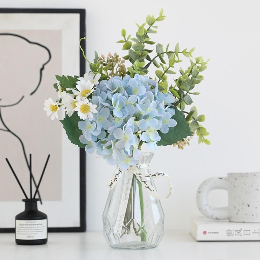 Luxury Artificial Hydrangea Eucalyptus Bouquet Plastic Realistic Fake Flower Elegant Hydrangea Flowers Home Hotel Table Decor