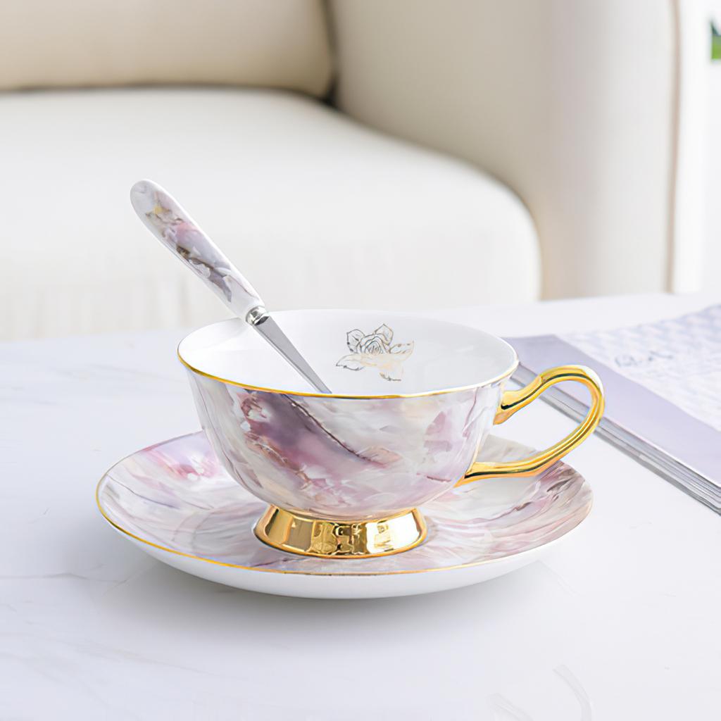 Ceramic Gold Inlay Tea Pot and Cup Set Marbling Purple Drinkware Europe Ceramic Mug Sugar Bowl Creamer Afternoon Tea Coffeeware