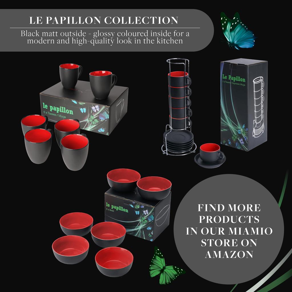 MIAMIO - Набор из 6 кофейных кружек/чашек из каменной керамики по 350 мл, черный снаружи, цветной внутри