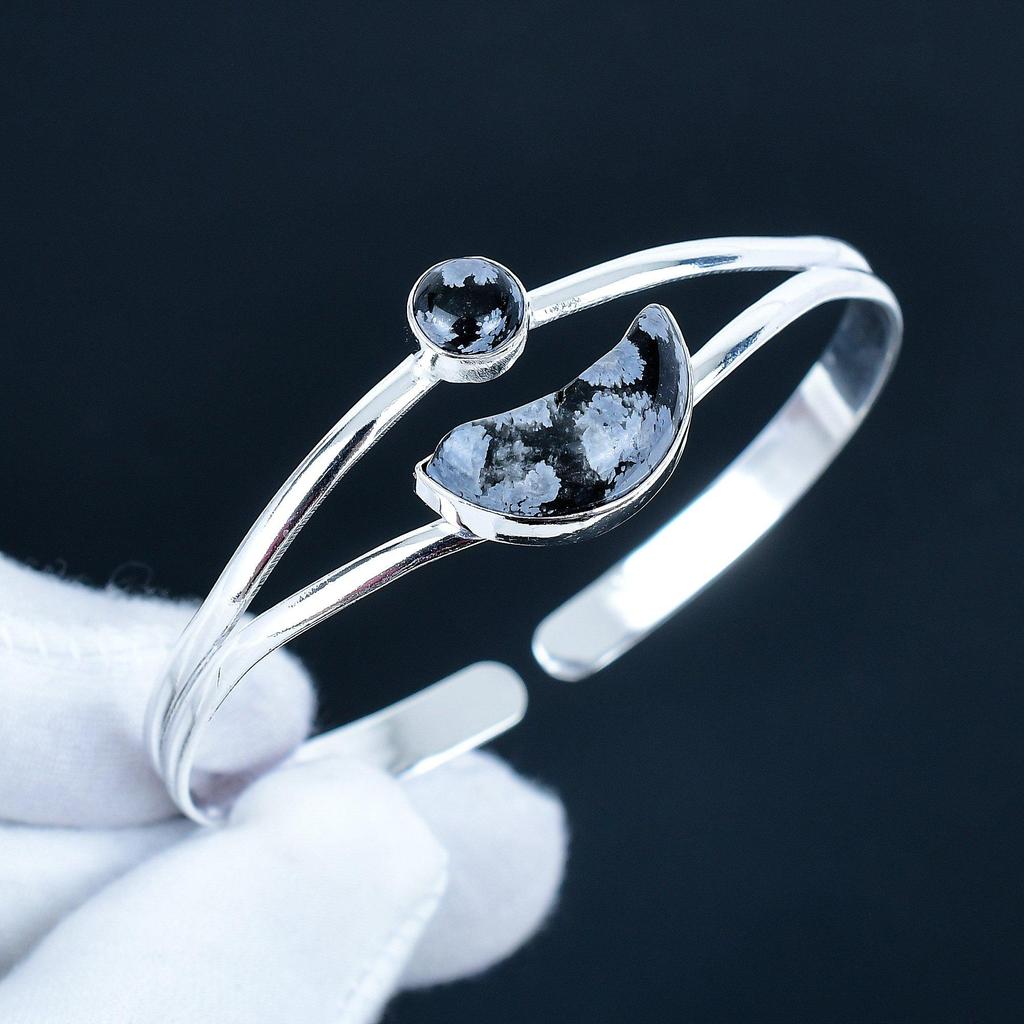 Snowflake Obsidian Gemstone Handmade Cuff Bangle 925 Sterling Silver Cuff Bangle, Snowflake Obsidian Bracelet For Wife , Unisex Bangle, Gift