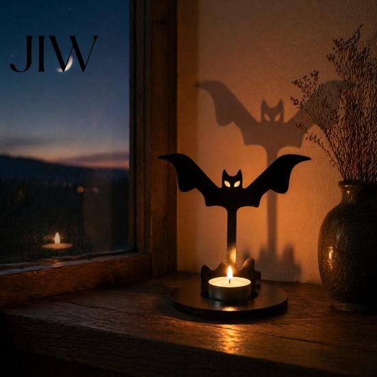Halloween Candle Holder Wooden Holder, Black Hollow Crow Spider Tealight Display Spooky Pumpkin Tea Light Decor Stand, Gothic Silhouette Tabletop for