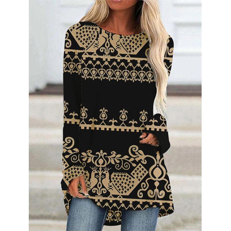 Футболки с длинным рукавом с принтом Western Aztec Ethnic 3D, богемные женские винтажные модные футболки, свободные уличные женские футболки, топы