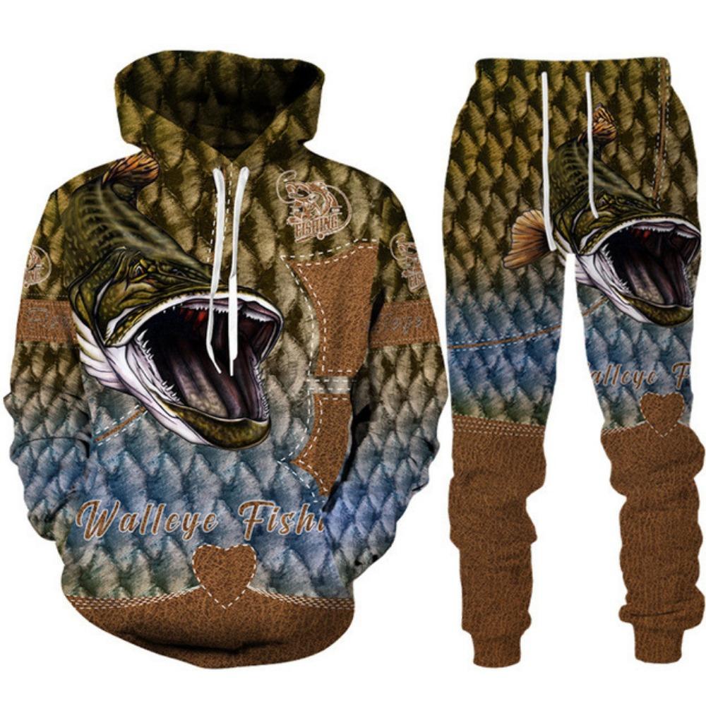 Mens Animal Bass Carp Fishing 3D Print Fashion Fisher Tracksuit Unisex Hoodie Jogging Pants 2Pcs Set Outdoor Clothing Size S-6XL