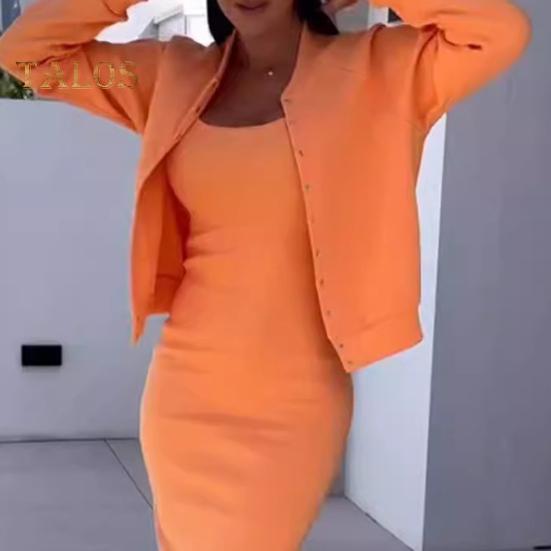 2 шт./комплект женский пальто платье комплект однобортный круглый вырез длинный рукав жакет облегающее платье-комбинация осеннее платье миди жакет комплект OL коммутационный офис