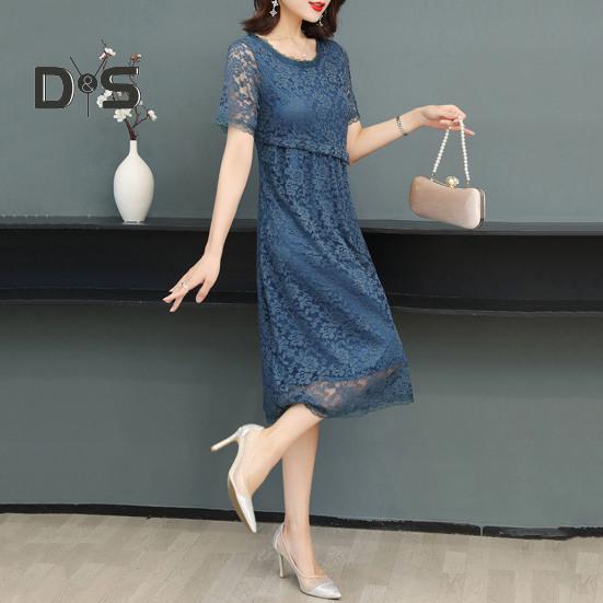 Women Dress Hollow Out Lace Round Neck Solid Color Flower Embroidery A Line Loose Hem Double Layers Knee Length Short Sleeve Lady Midi Dress