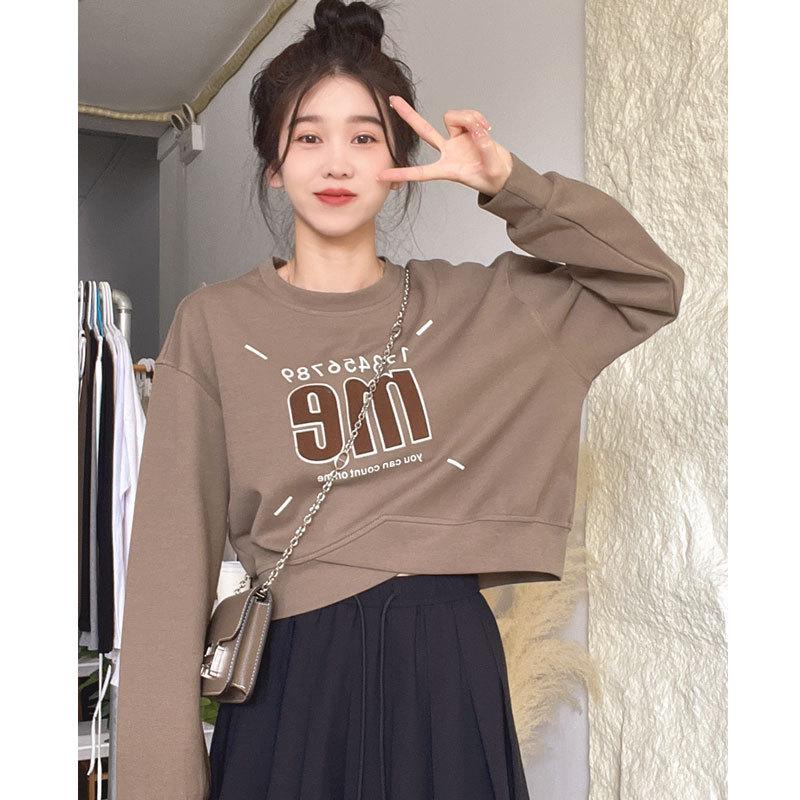 Американский принт Оверсайз свитер-пуловер с круглым вырезом - Повседневный, Универсальный, Укороченный топ с длинным рукавом