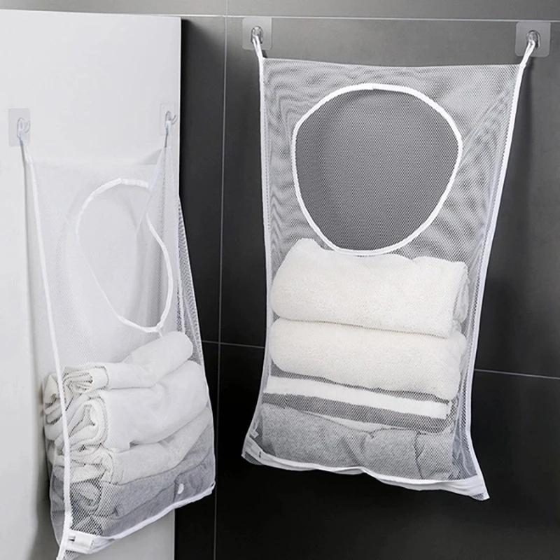 Dirty Clothes Storage Bag Basket Foldable Mesh Laundry Bathroom Wall Hanging Household Clothing Organizer With Hook