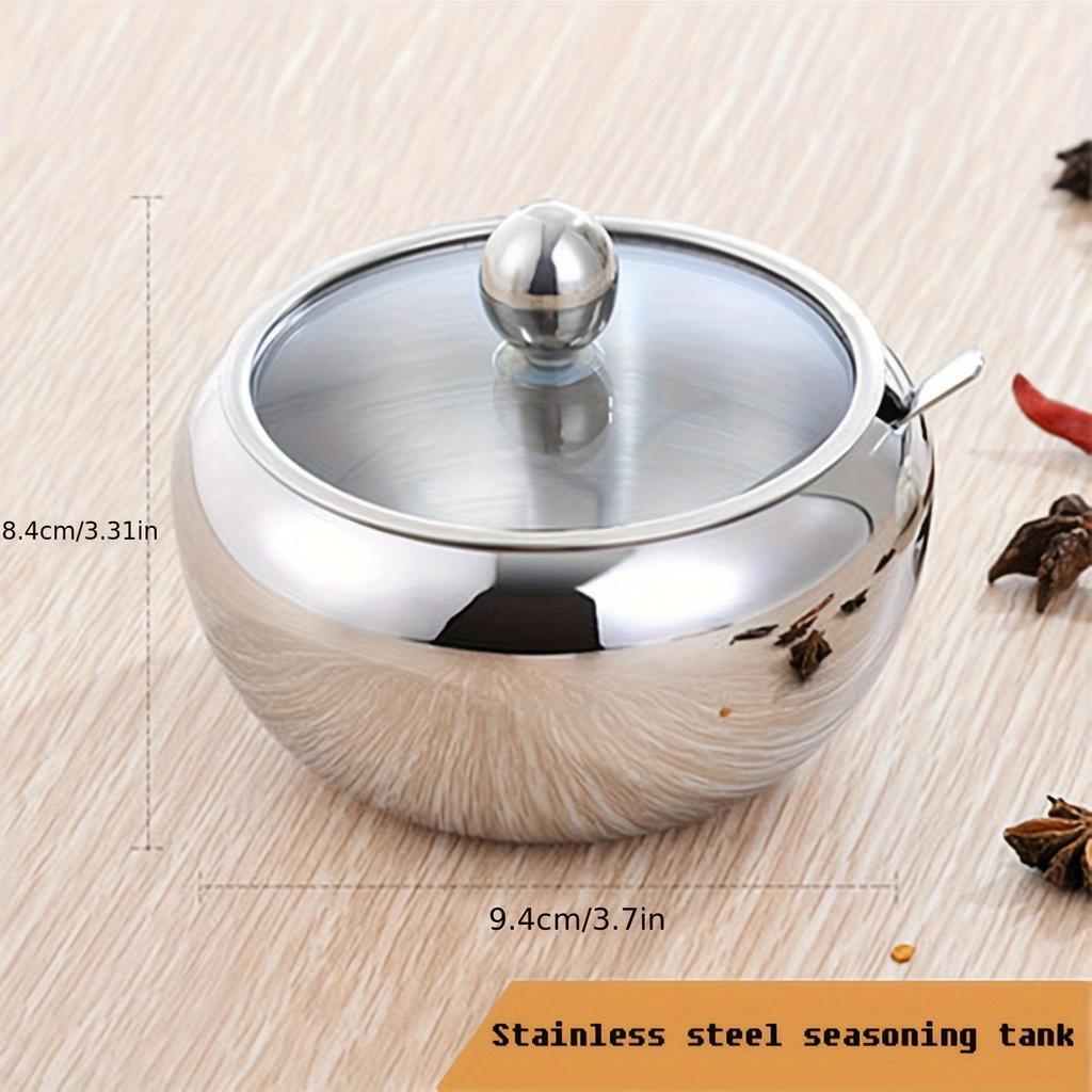 1 шт. 330 мл (10 унций) Сахарница из нержавеющей стали со стеклянной крышкой и ложкой - Идеально подходит для аксессуаров кофейного бара и кухонного хранения