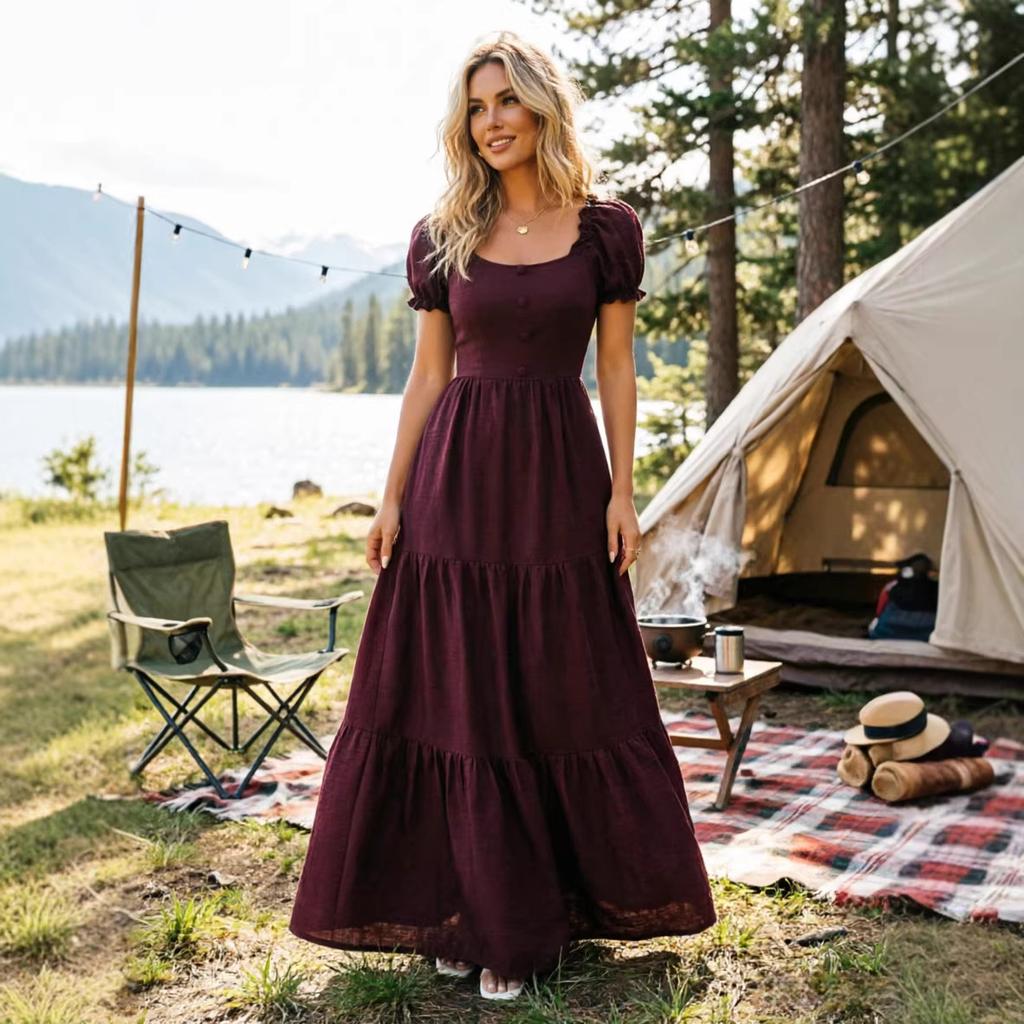 Summer Vacation Solid Color Maxi Dress Square Neck Puff Short Sleeve Tiered Ruffle High Waist Casual Long Beach Holiday Dress