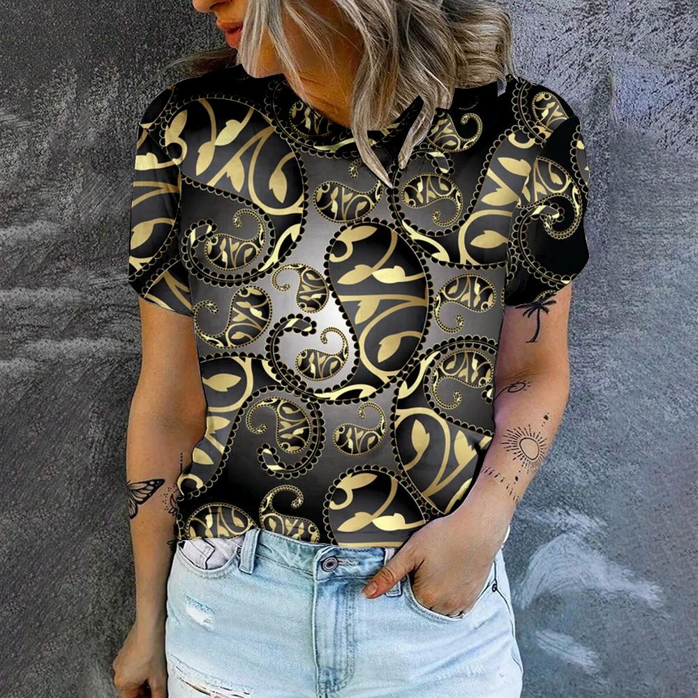 Женская футболка с принтом в стиле ретро с золотым ожерельем Футболка с модной популярной одеждой Футболка большого размера Летняя женская футболка с круглым вырезом