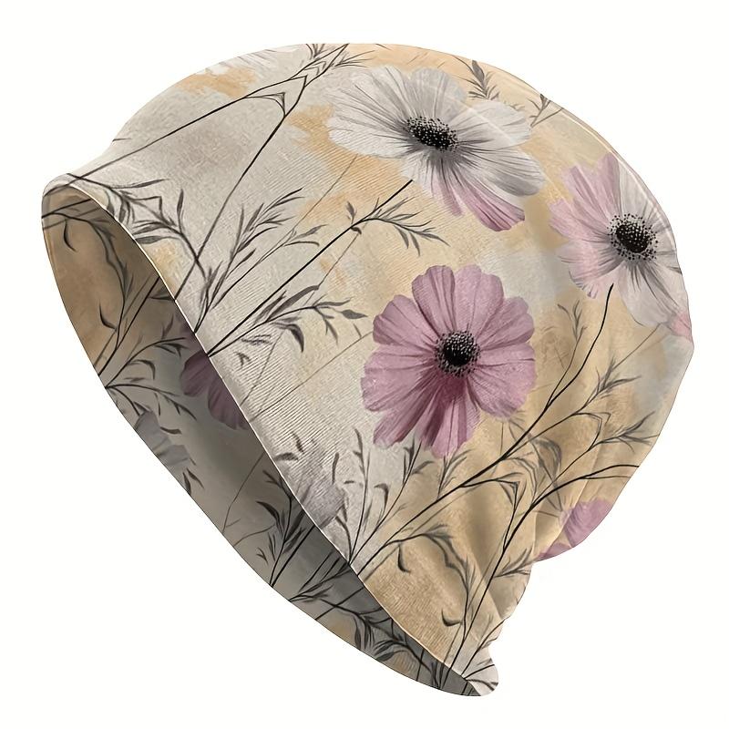 1pc Women's Bohemian Floral Knit Hat - Lightweight Pink Gray Chrysanthemum, Durable Comfortable Elastic Fit for Christmas Wedding Outdoor Party, Persi