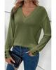 Azura Exchange Jungle Green Textured Knit V Neck Button Cuffs Long Sleeve Top