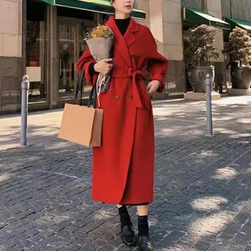 Winter Trench Coat For Women Elegant Fashion Korean Casual Thick Wool Coat Red Lace-up Long Jacket Black Woman Coat With Blet