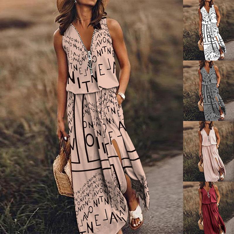 Women's Dress Sleeveless Long Dress Casual Women's Waist Zip Letter Print Dress