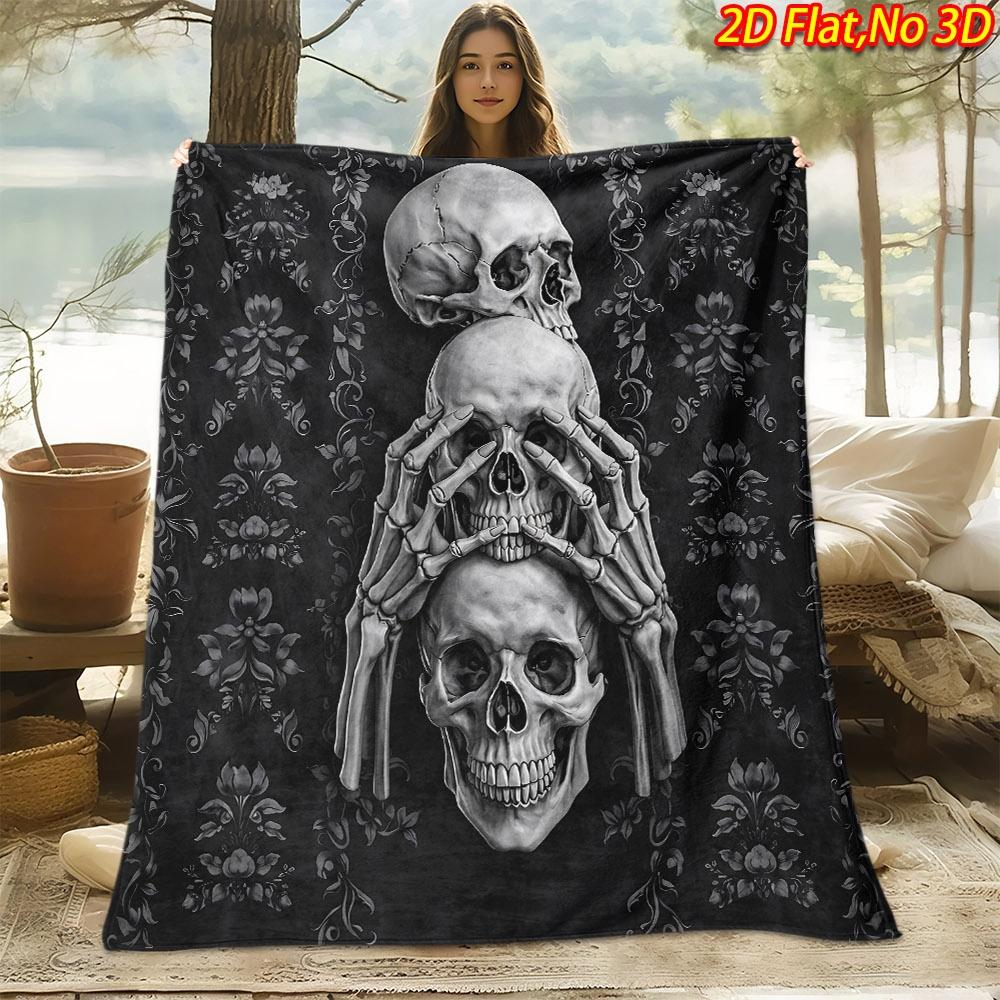 1pc 2D Flat Printing Spring & Summer New Arrival Skull And Hand Bones Theme Digital Print Blanket, All Seasons, Casual Blanket, 100% Polyester Fiber S