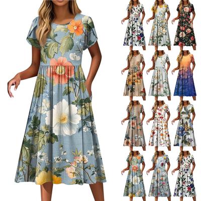 Женские платья Винтажные цветочные платья с круглым вырезом и коротким рукавом