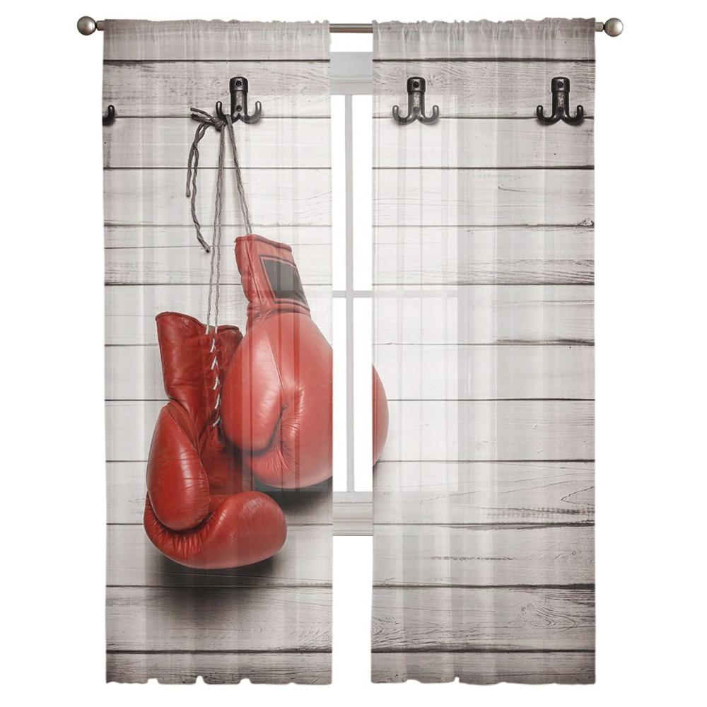 Red Boxing Gloves Against Wooden Wall Tulle Curtains ideal for Living Room Bedroom Space Space Decor Transparent Sheer Voile Window Opening Drape