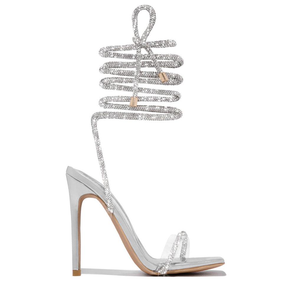 Женские босоножки на высоком каблуке со стразами и спиральным ремешком на щиколотке, с тонким каблуком, цветные блестящие босоножки для вечеринок со стразами