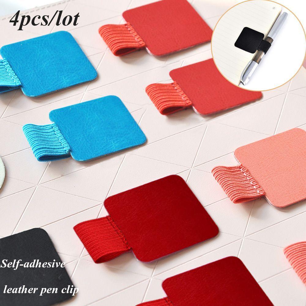 4PCS Useful Convenient Stationery Self-adhesive Pen Holder Leather Pen Clips Notebook Elastic Loop