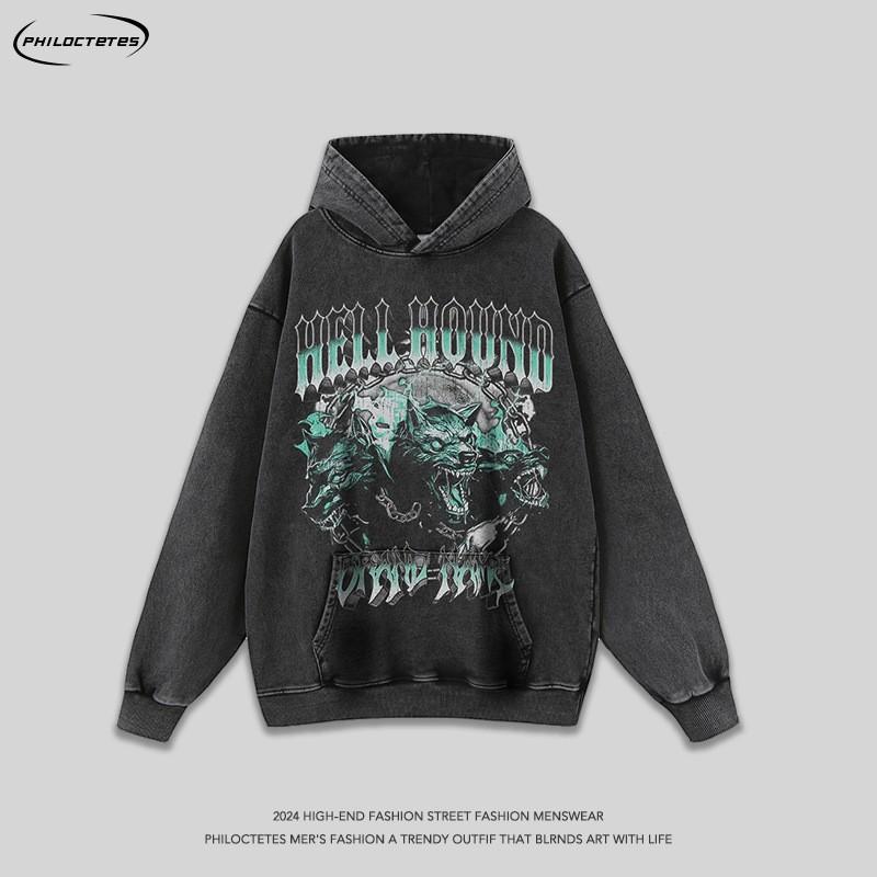 Mens Oversized Washed Distressed Wolf Print Hoodie Streetwear Hip Hop Casual Long Sleeve Cotton Sweatshirt