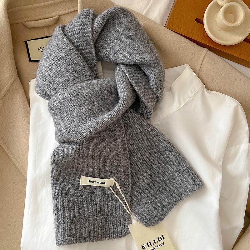 Exquisite Korean Autumn and Winter Simple Solid Color Ribbed Pure Wool Thickened Knitted Warm Scarf