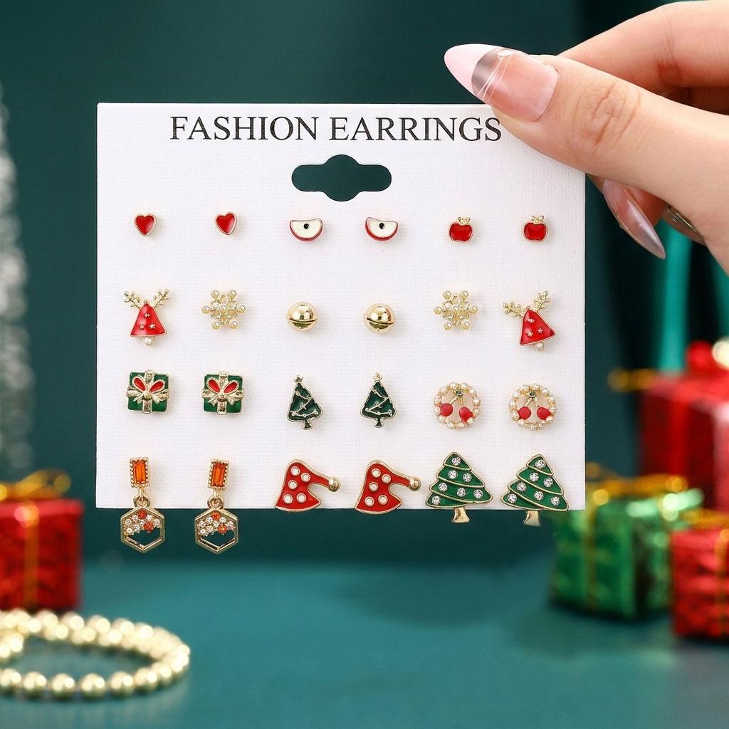 Must Have Christmas Tree Snowflake Gingerbread Stud Earring Set for Women Value Holiday Rhinestone Earrings Gift Jewelry