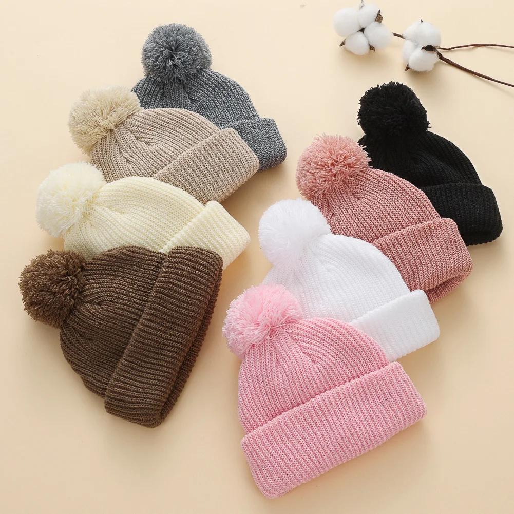Однотонные вязаные шапки с помпоном Индия для младенцев 0-12 месяцев для мальчиков и девочек, сложенные, связанные крючком, осенне-зимние, теплые шапочки, шапочки для новорожденных, повязки на голову