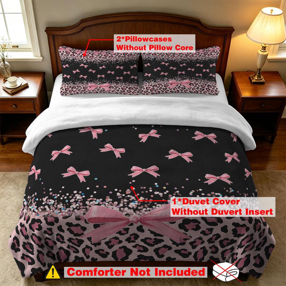 3PCS Pink Leopard Print Bow Ribbon Sequin Milk Velvet Bedding Set Soft Warm Winter Unfilled 1 Duvet Cover 2 Pillowcases Home