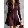 2026 Womens Long Sleeve Zipper A-Line Dress High Neck Fitted Waist Elegant Office Wear