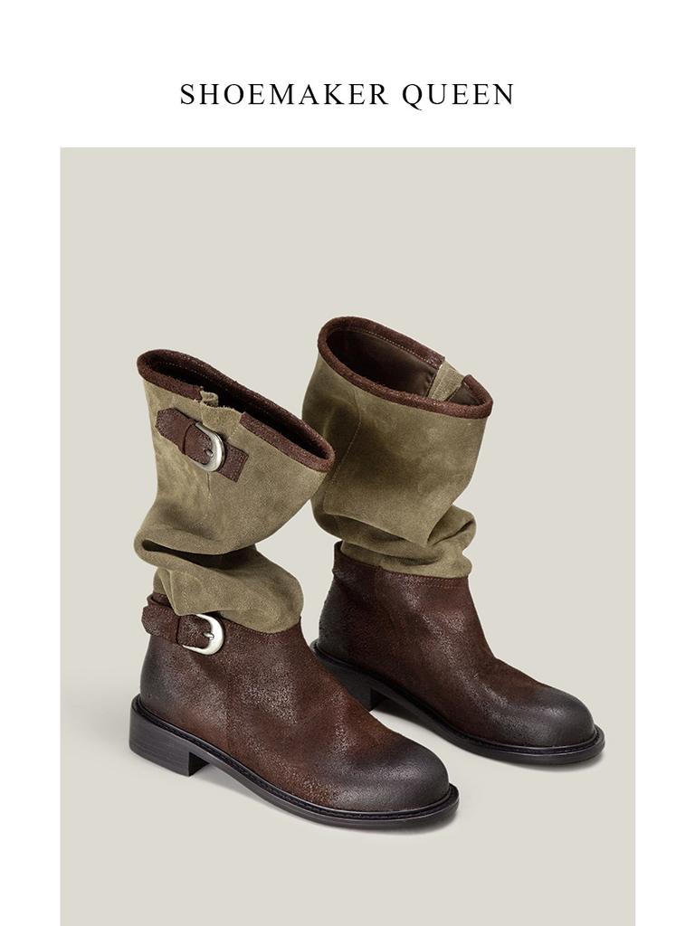 2025 новый оригинальный дизайн ретро металлическая пряжка круглый носок длинный голенище ботфорты на толстом каблуке рыцарский тренд ботинки средней длины